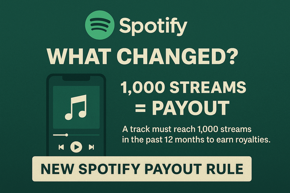 Spotify 1,000-stream payout rule infographic – a track must reach 1,000 plays in 12 months to generate royalties.